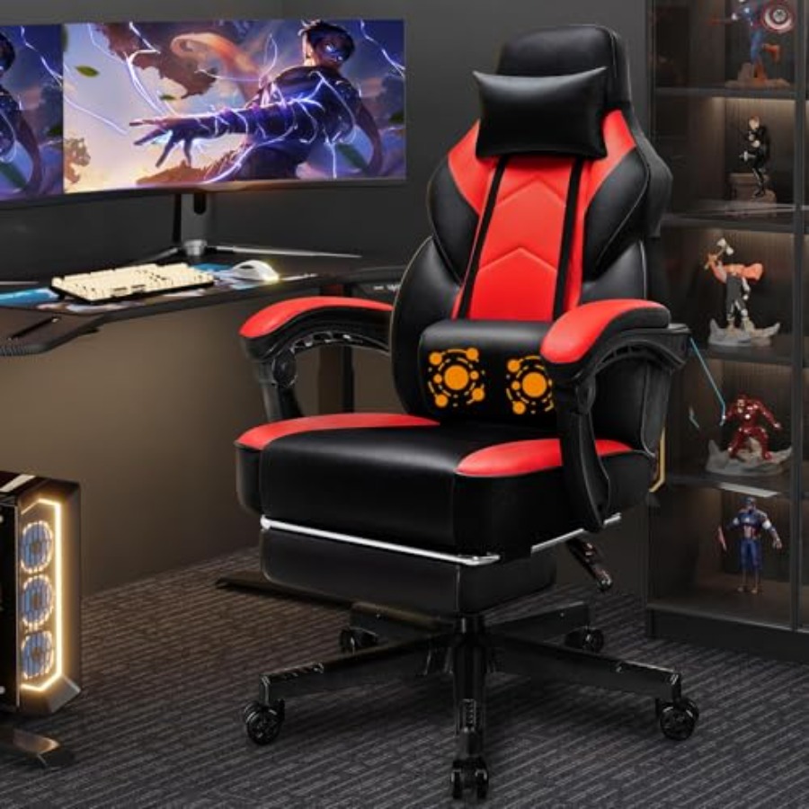 Gaming Chair - Gamingstoel met voetsteun, massage-lendensteun, hoogteverstelling en